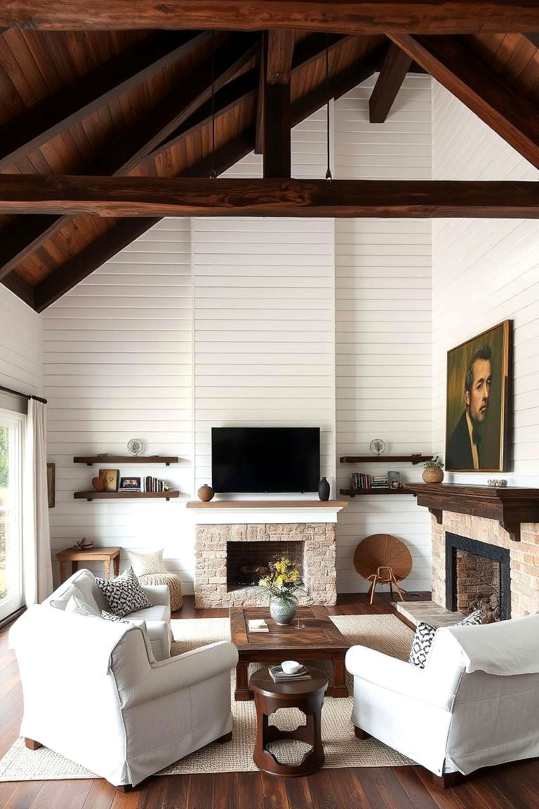 Shiplap with Exposed Beams - 24 Shiplap Living Room Ideas