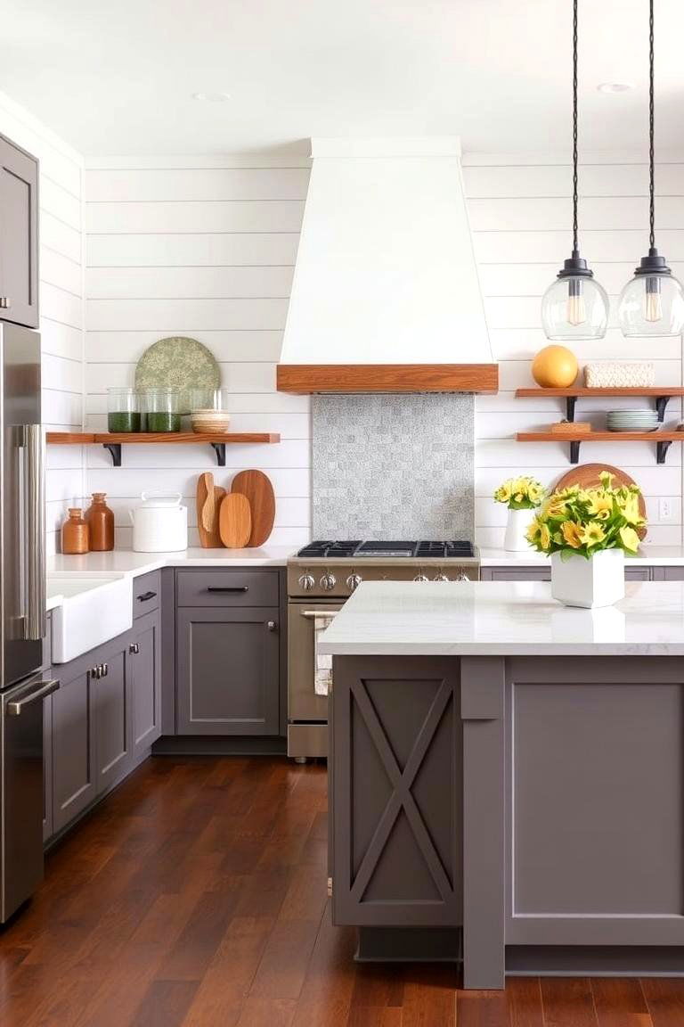 Shiplap with Open Shelving and Island Accents - 24 Kitchen Shiplap Ideas With Kitchen Island Ideas