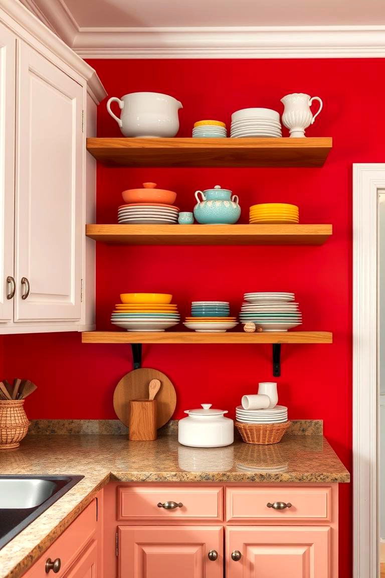 Showcasing with a Red Kitchen Featuring Open Shelving - 24 Red Kitchens