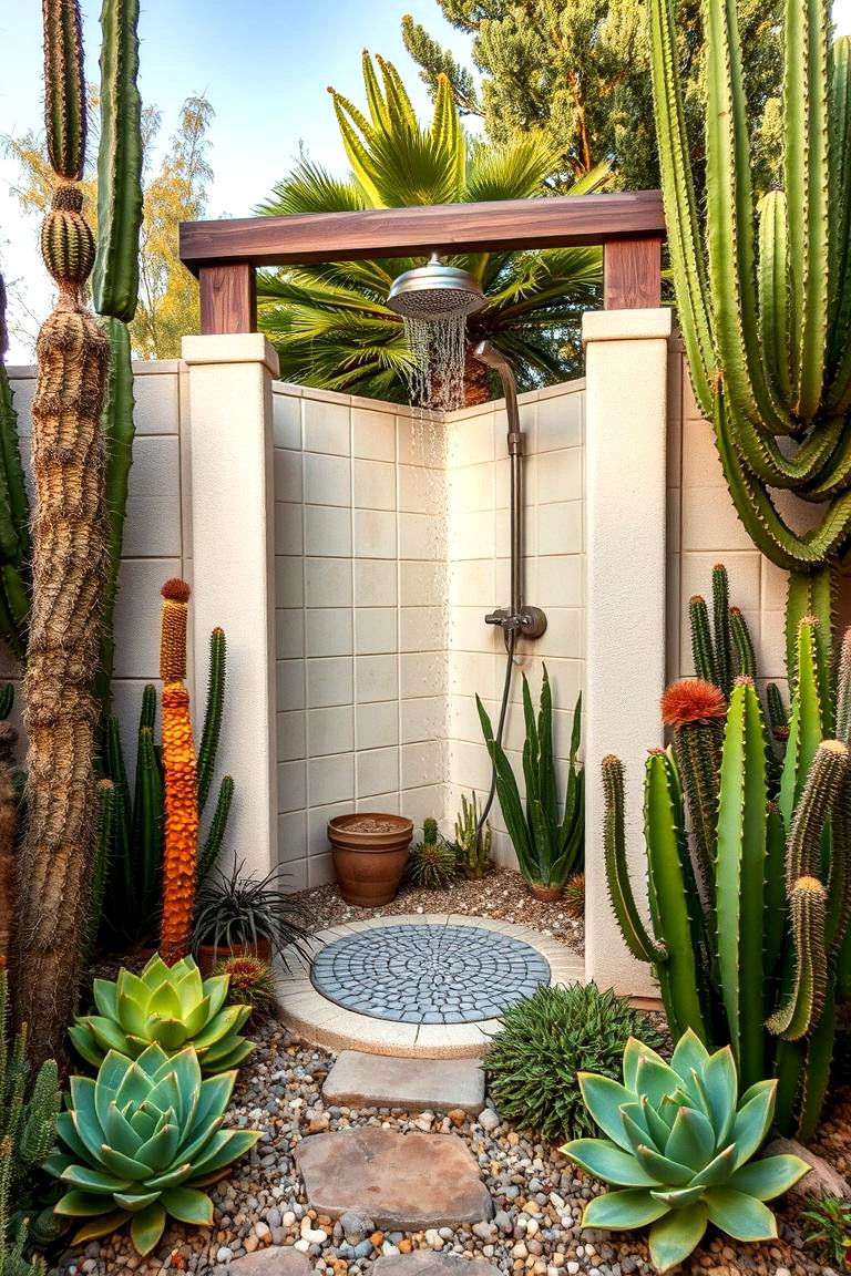 Shower Surrounded by Succulents and Cacti - 24 Outdoor Bathroom Ideas