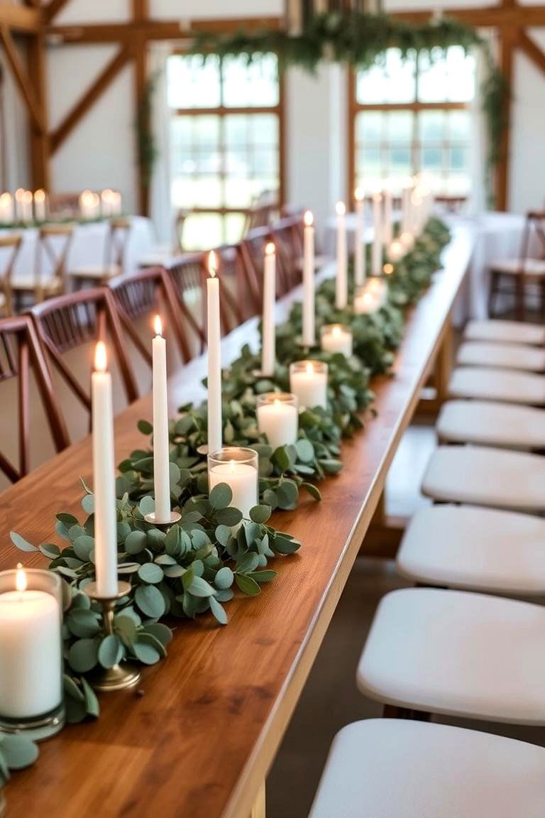 Simple Eucalyptus Garland with Candles - 24 Eucalyptus Wedding Centerpieces
