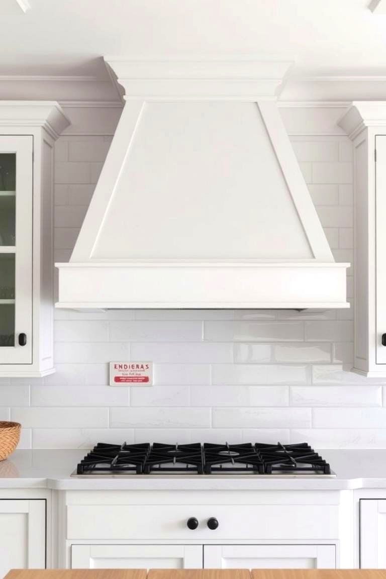 Simple White Range Hood with Wood Trim - 24 Rustic White Kitchen Ideas