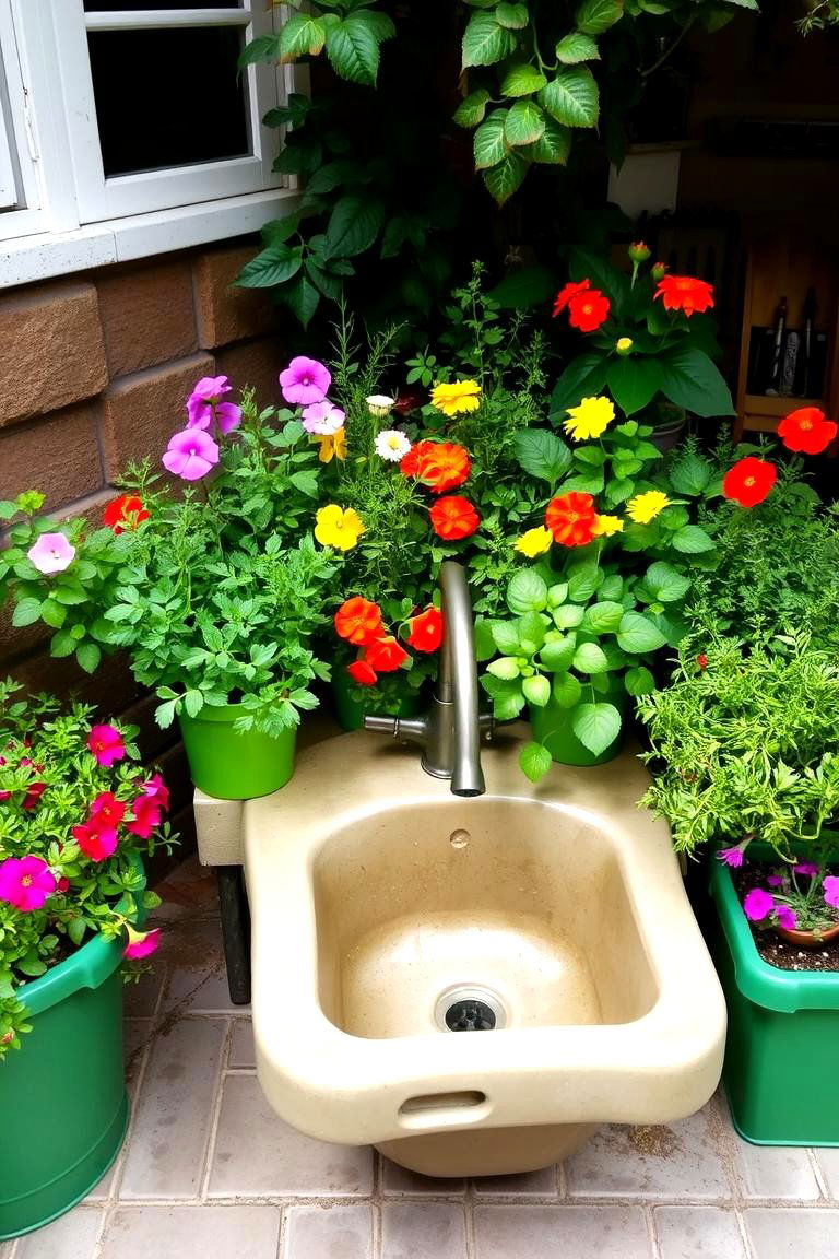 Sink Surrounded by Lush Planters - 24 outdoor sink ideas