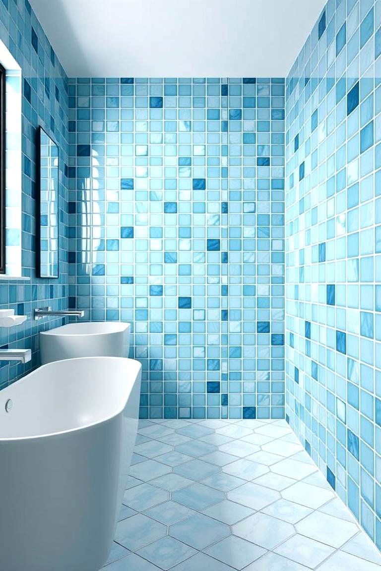Sky Blue Geometric Tiles - 24 Blue Tile Bathroom Ideas