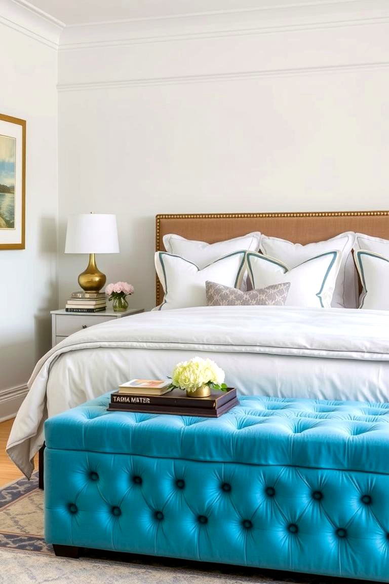 Sky Blue Ottoman at the Foot of the Bed - 24 Sky Blue Bedroom Ideas