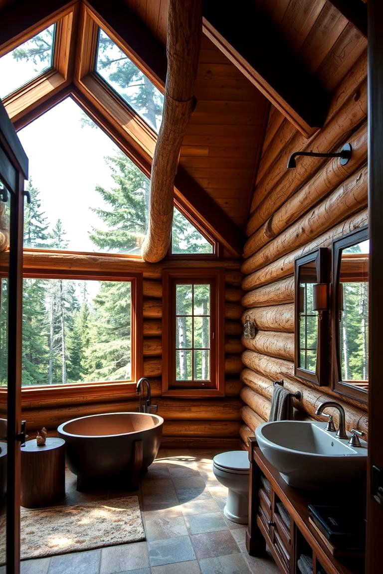 Skylight Bath with Forest Views - 24 Log Cabin Bathroom Ideas