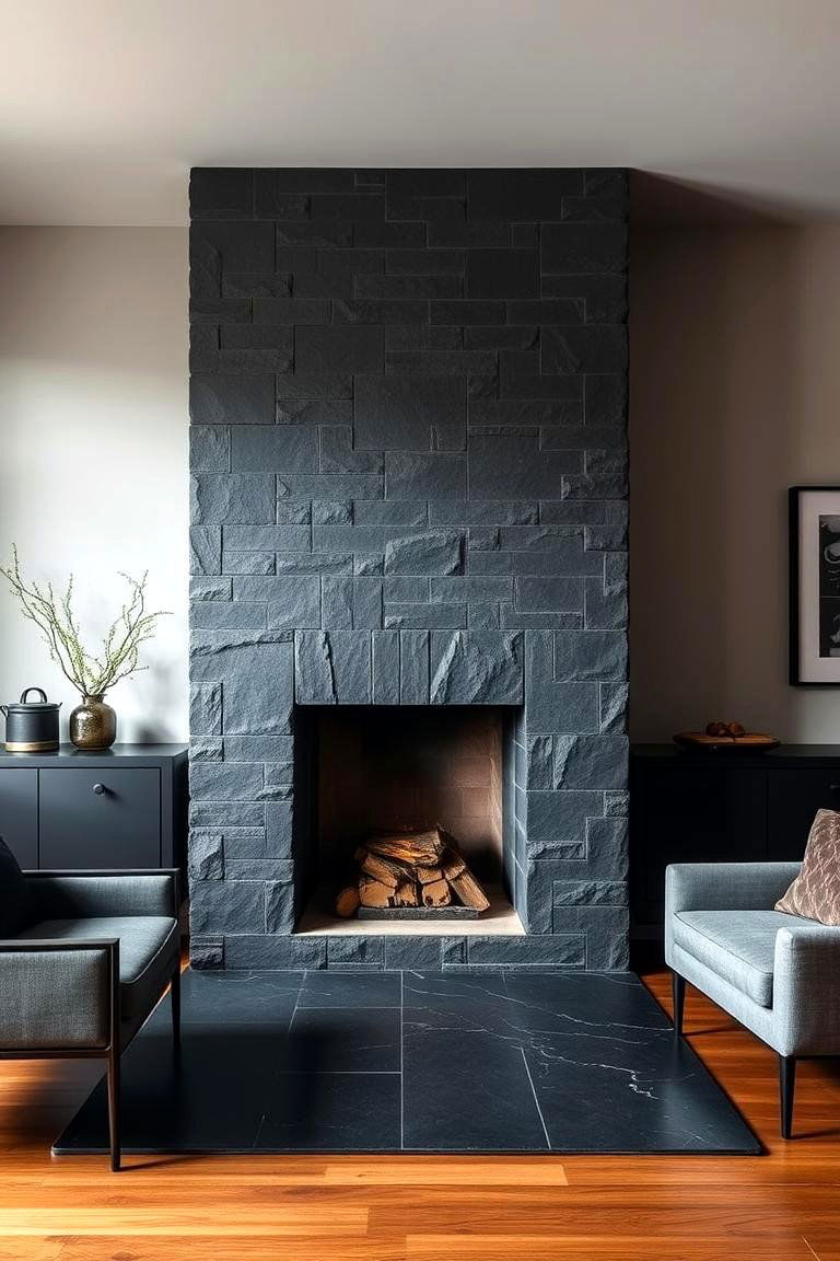 Slate Stone Fireplace with Dark Tones - 24 Floor-to-Ceiling Stone Fireplace Ideas