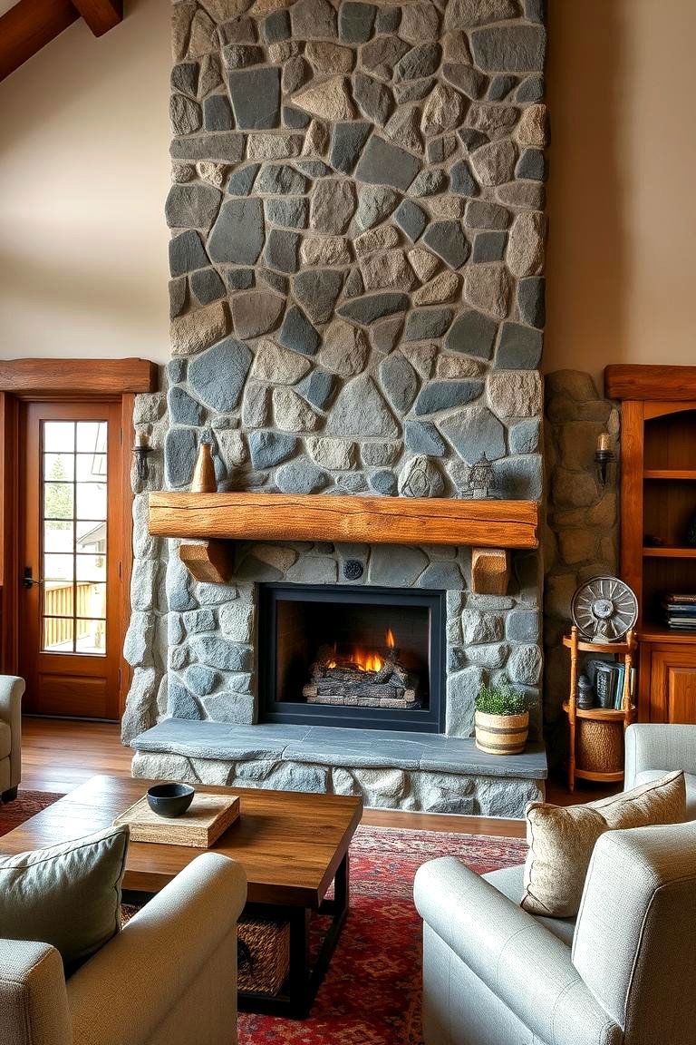 Slate and Timber Fireplace Design - 24 Floor to Ceiling Stone Fireplace Ideas