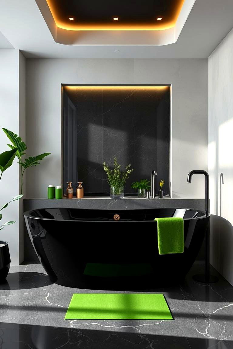 Sleek Black Bathtub with Green Surroundings - 24 Black and Green Bathroom Ideas