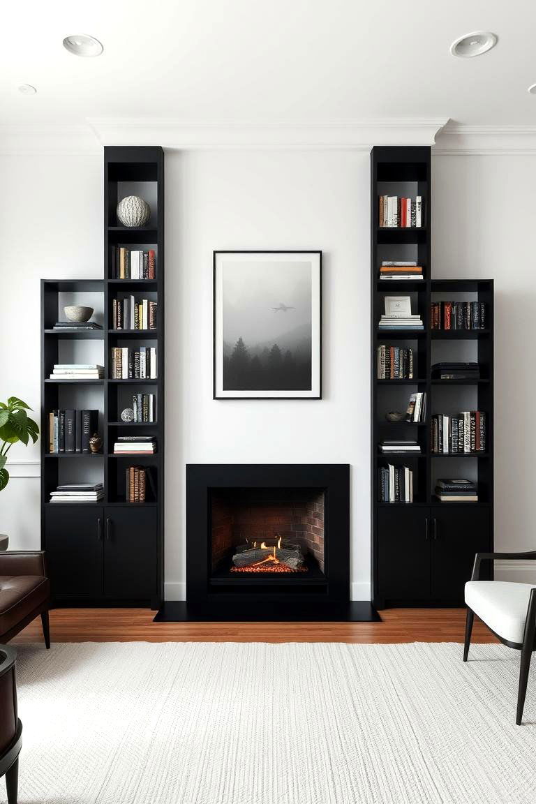 Sleek Black Bookshelves Around a Minimalist Fireplace - 24 Fireplace With Bookshelves