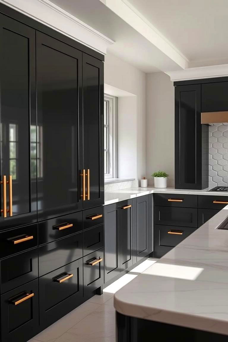 Sleek Black Cabinets with Gold Handles - 24 Black and Gold Kitchen Ideas