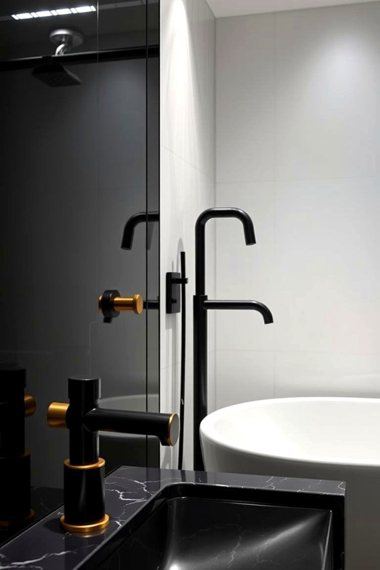 Sleek Black Fixtures with Gold Accents - 24 Black and Gold Bathroom Ideas