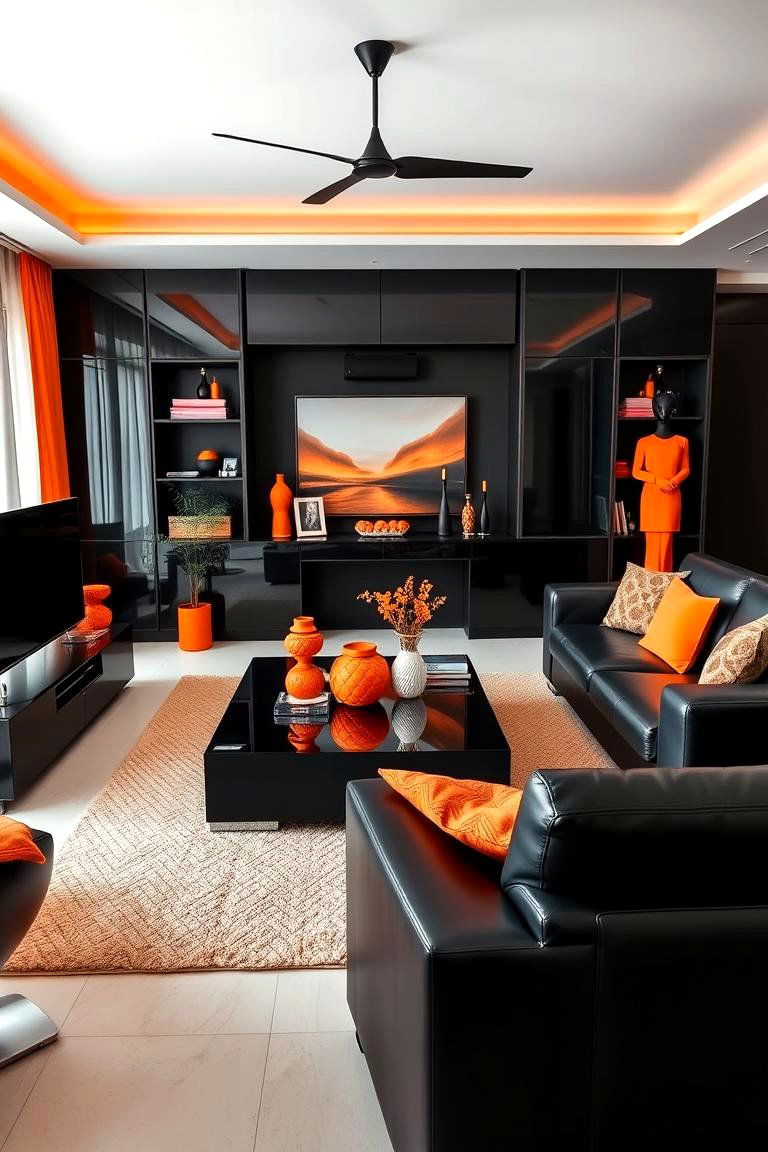 Sleek Black Furniture with Popping Orange Accents - 24 Black and Orange Living Room Ideas