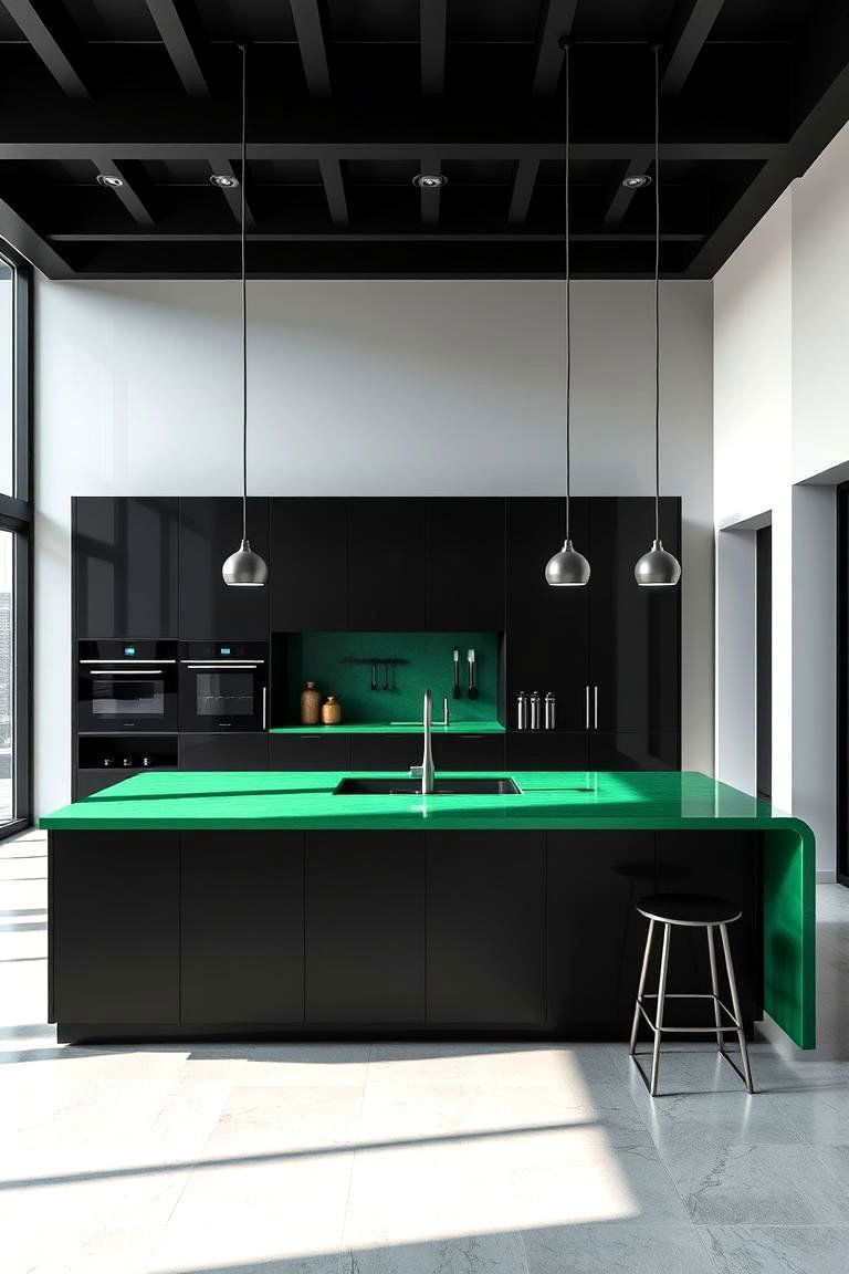 Sleek Black Kitchen Island with Green Countertops - 24 Black and Green Kitchen Ideas