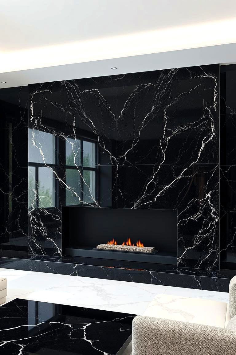 Sleek Black Marble Fireplace Wall - 24 Fireplace Wall Ideas