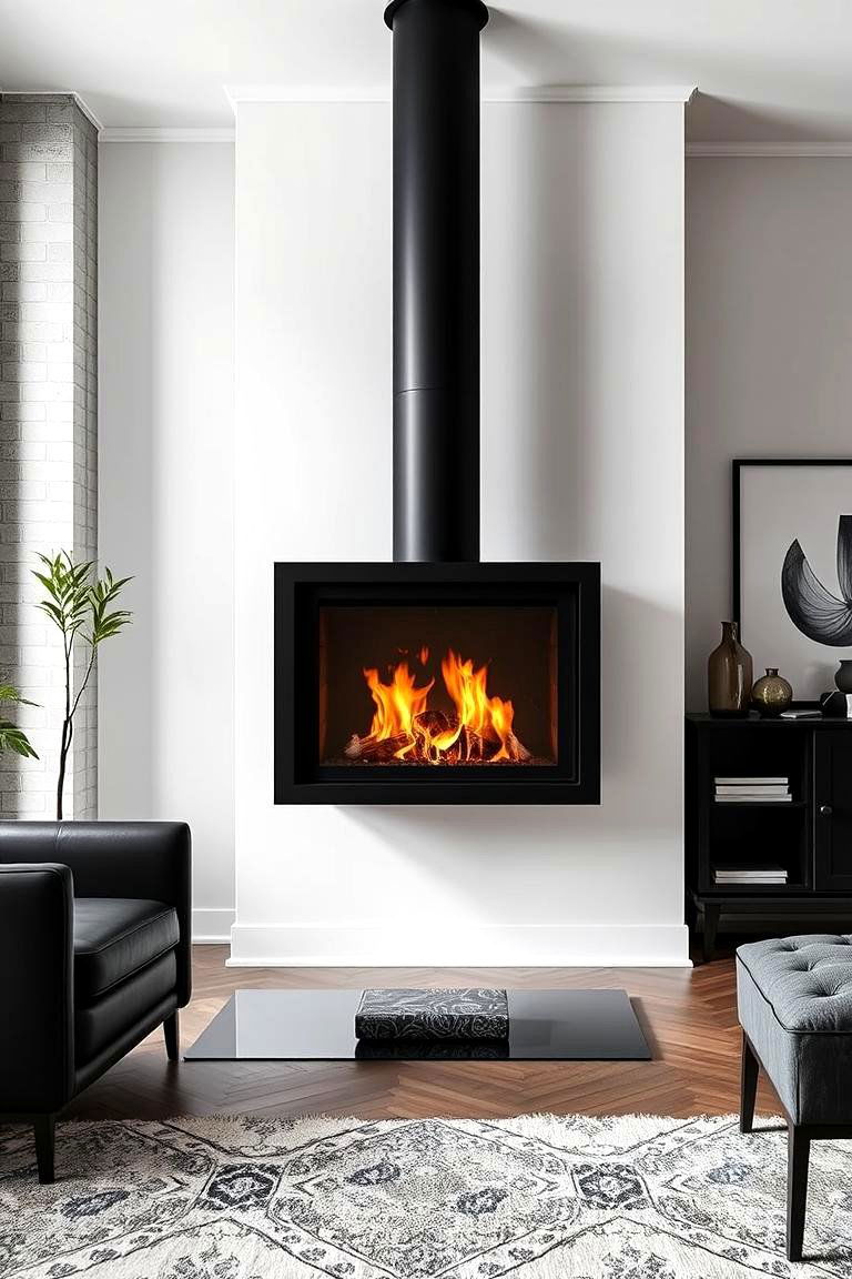 Sleek Black Metal Fireplace - 24 Black Fireplace Ideas