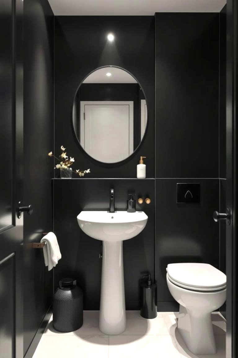 Sleek Black Minimalism Powder Room - 24 black powder room ideas