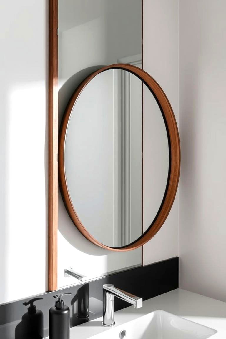 Sleek Black Mirror with Wooden Surround Frame - 24 Black and Wood Bathroom Ideas