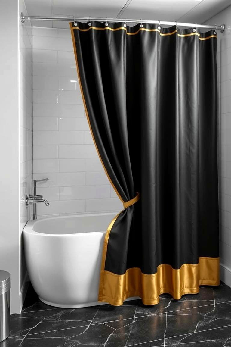 Sleek Black Shower Curtains with Gold Trims - 24 Black and Gold Bathroom Ideas
