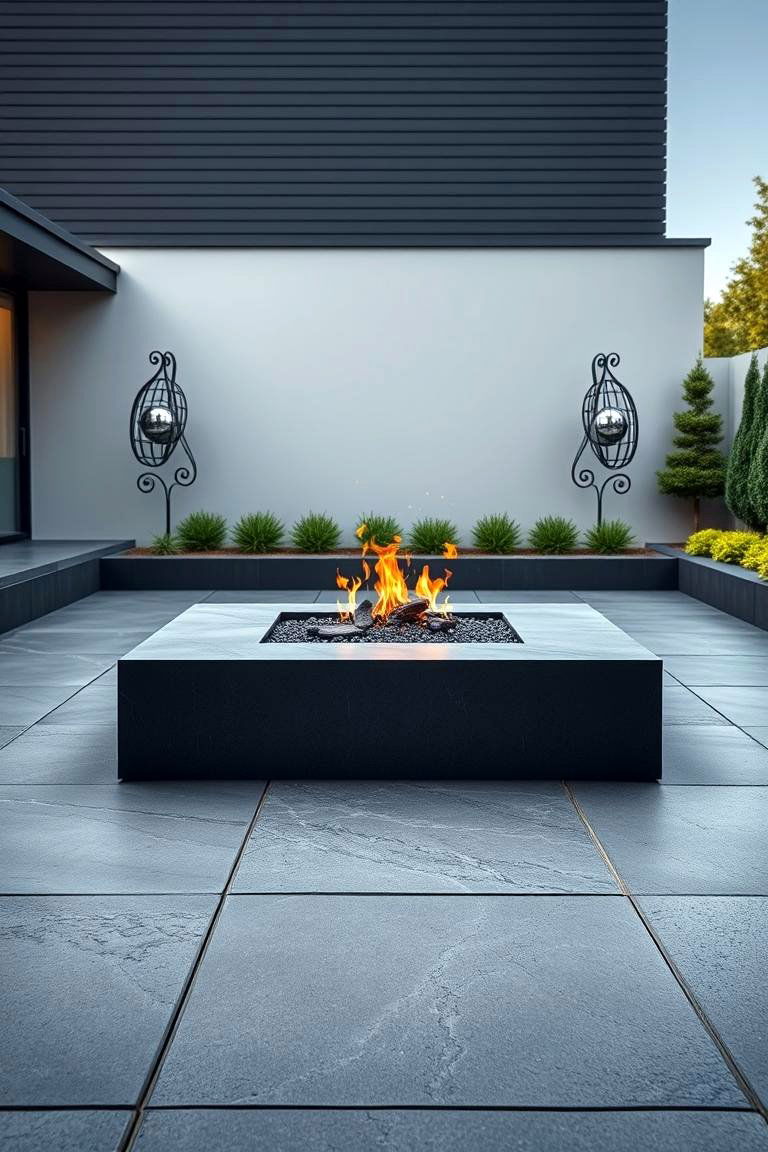 Sleek Black Stone Patio with Contemporary Fire Pit - 24 Stone Patio With a Fire Pit Ideas