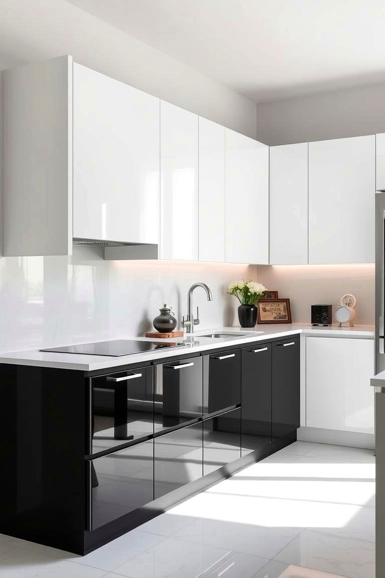 Sleek Black and Glossy White - 24 Two Tone Kitchen Cabinet Ideas