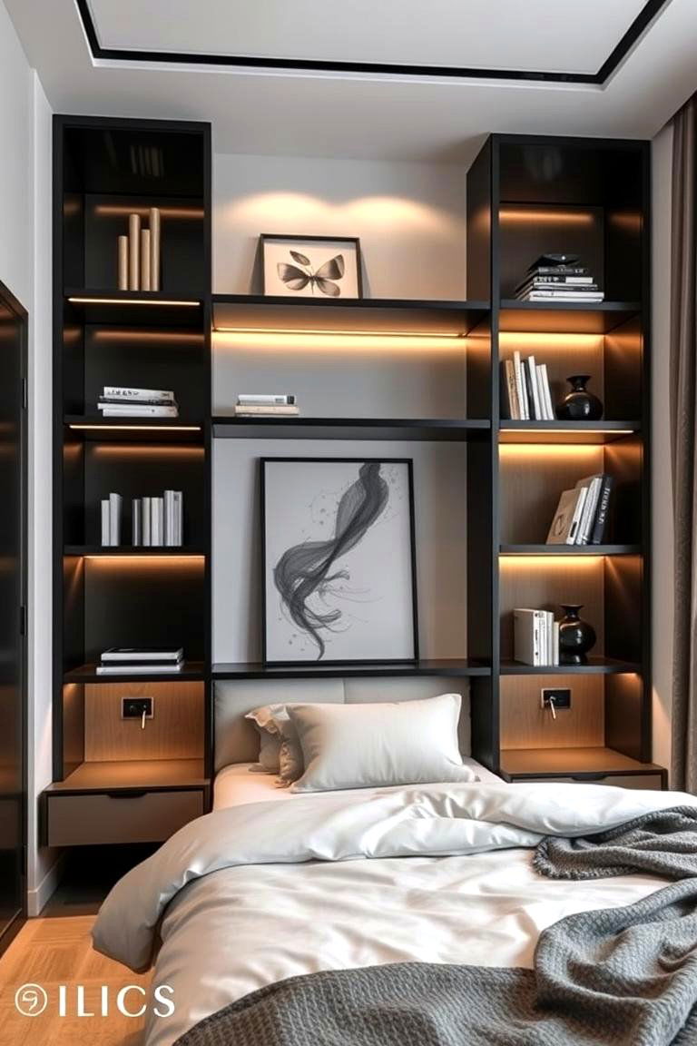 Sleek Black and Gold Shelving Units - 24 Black and Gold Bedroom Ideas