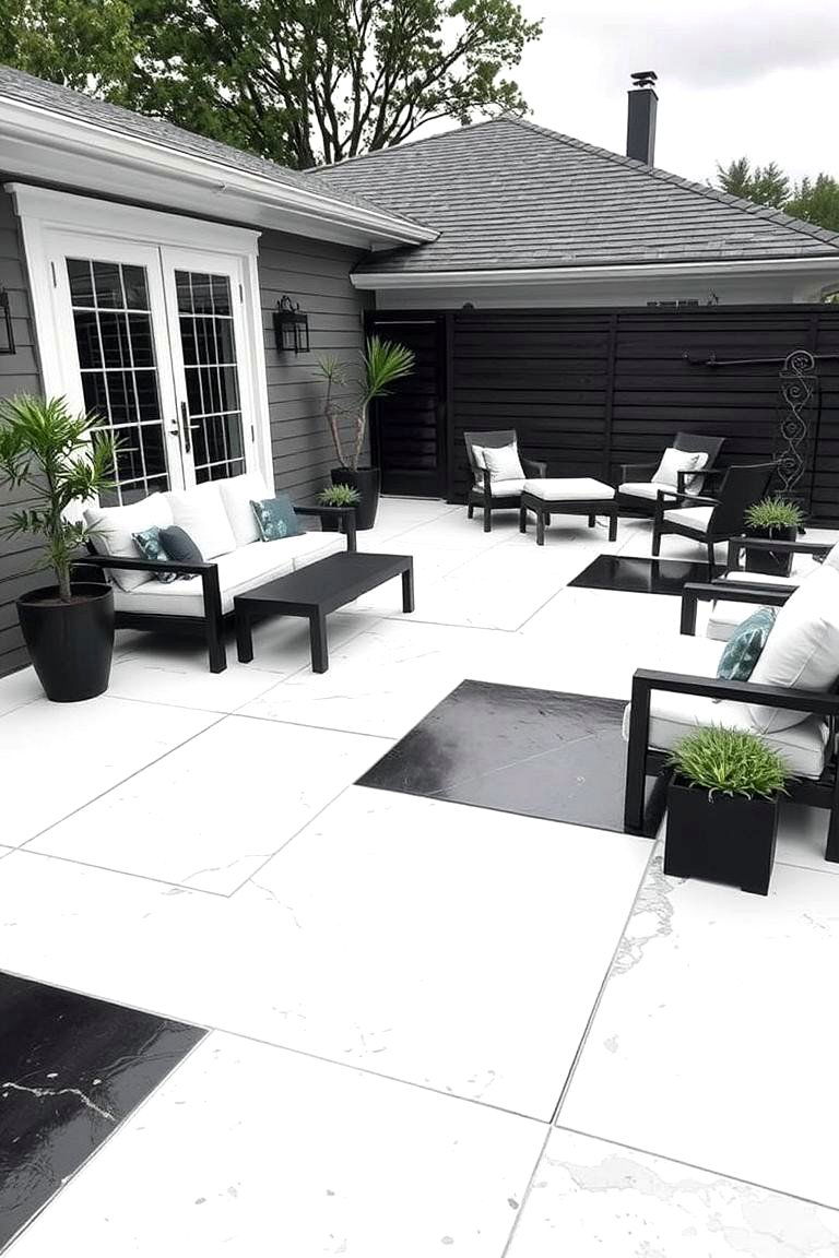 Sleek Black and White Stamped Concrete Patio - 24 Stamped Concrete Patio Ideas