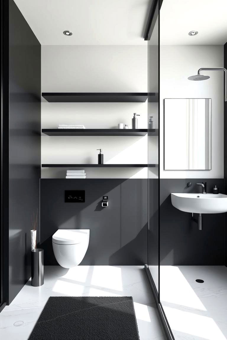 Sleek Black and White with Floating Shelves - 24 Black and White Bathroom Ideas
