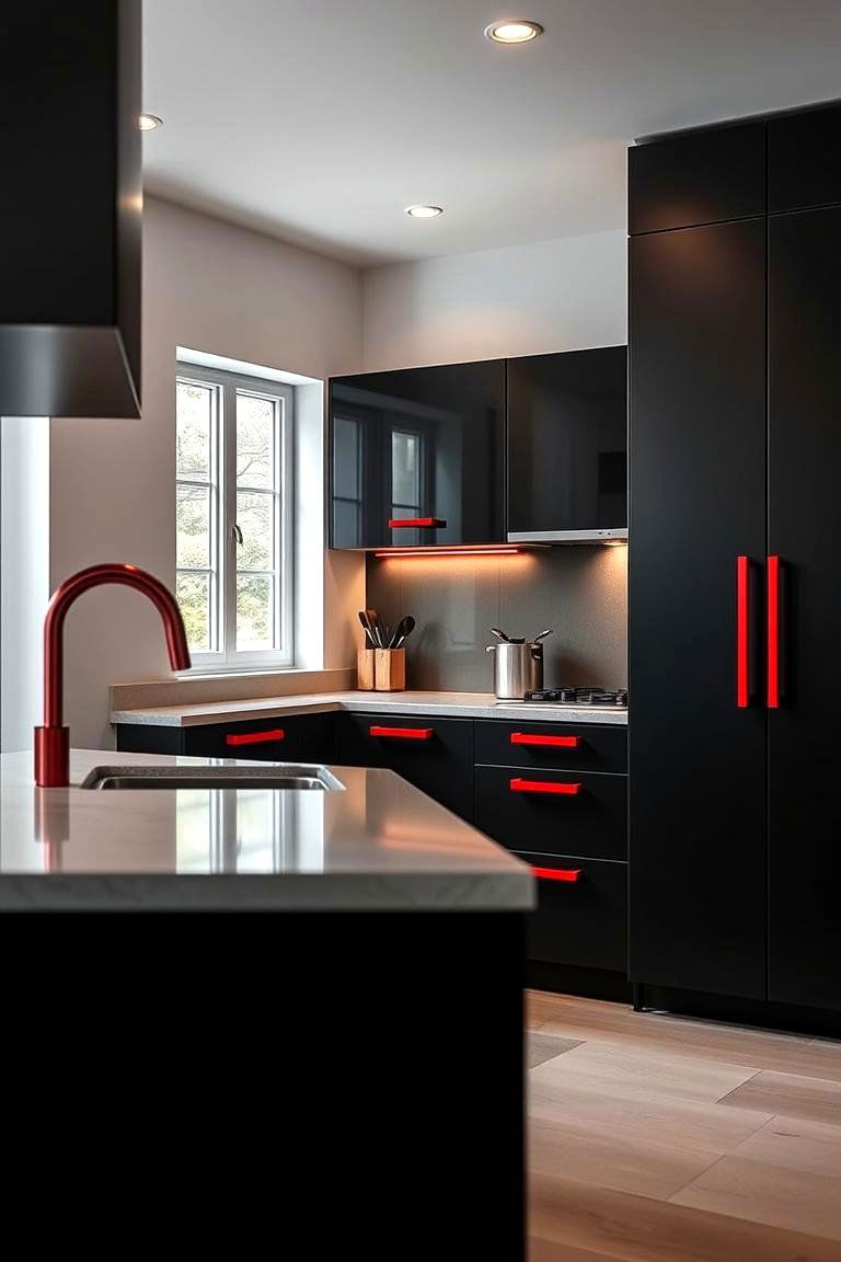 Sleek Cabinetry and Bold Handles - 24 red and black kitchen ideas