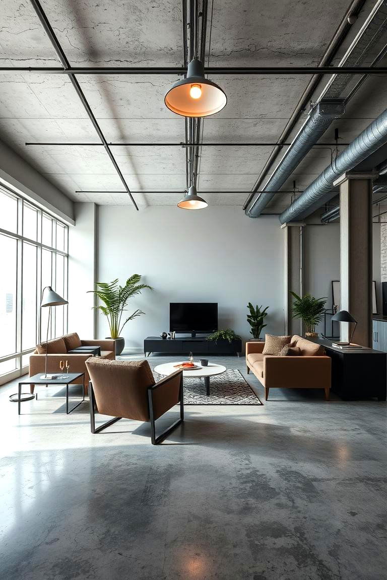 Sleek Concrete Floor Bedroom with Industrial Lighting - 24 Concrete Floor Bedroom Ideas