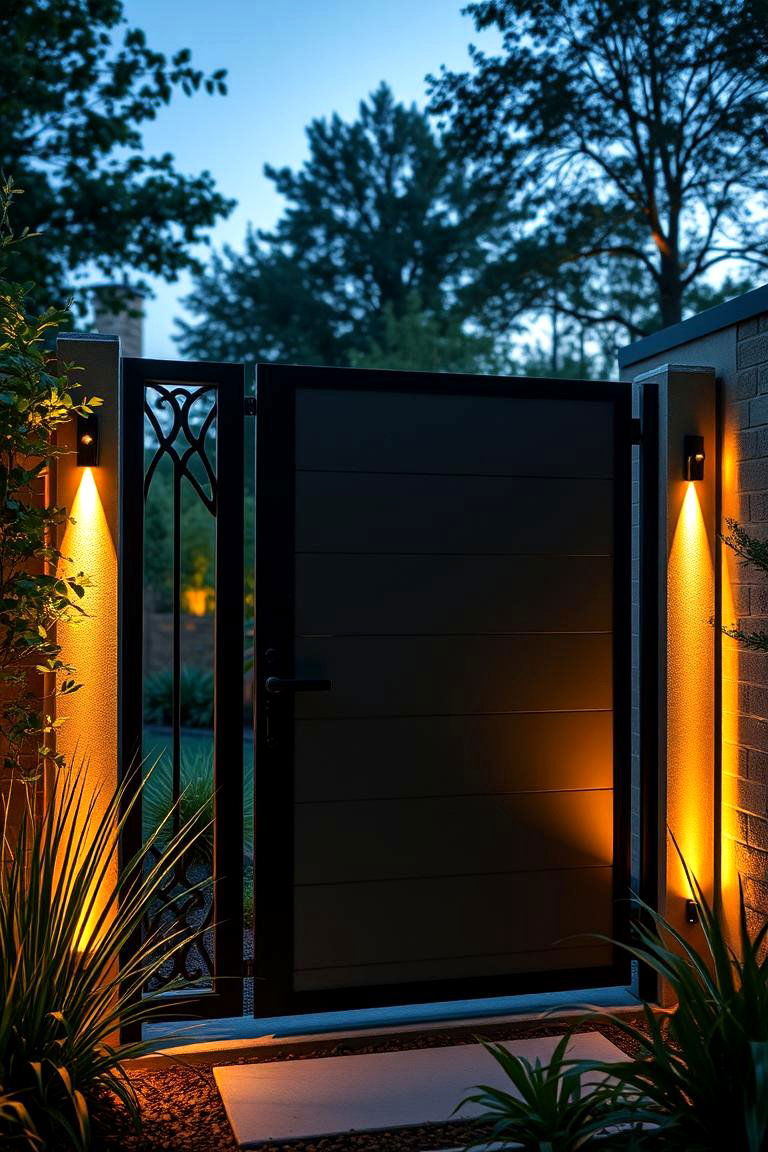 Sleek Contemporary Metal Gate with Integrated Lighting - 24 Metal Garden Gate Ideas