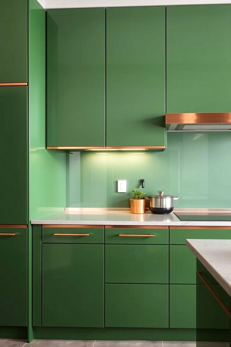 Sleek Copper Trims in a Green Modern Kitchen - 24 Green and Copper Kitchen Ideas