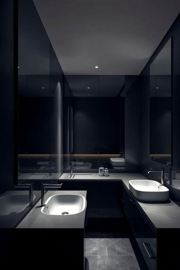 Sleek Dark Bathrooms with Frameless Mirrors - 24 Dark Bathroom Ideas