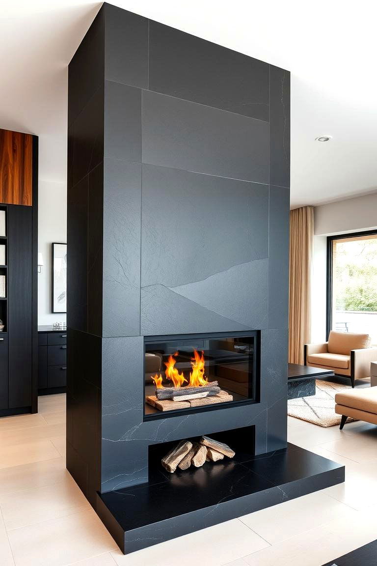 Sleek Dark Stone Fireplace - 24 Floor to Ceiling Fireplace Ideas