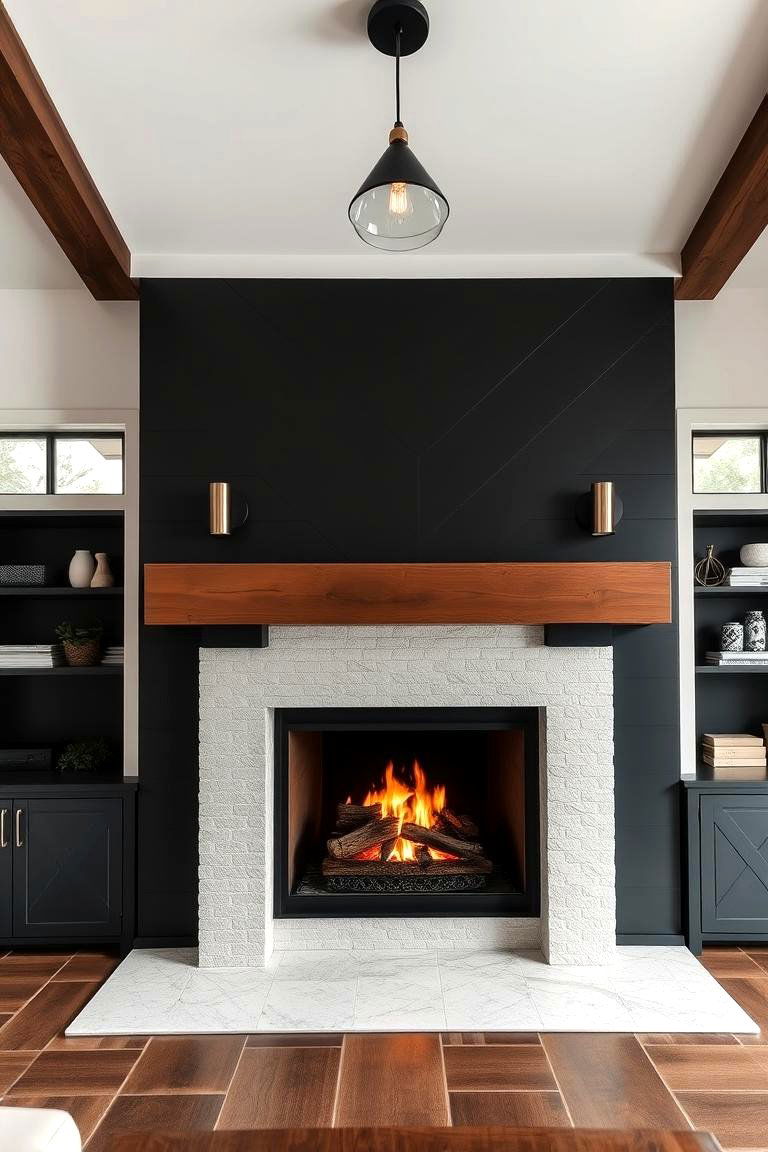 Sleek Geometric Design - 24 Black Shiplap Fireplace Ideas