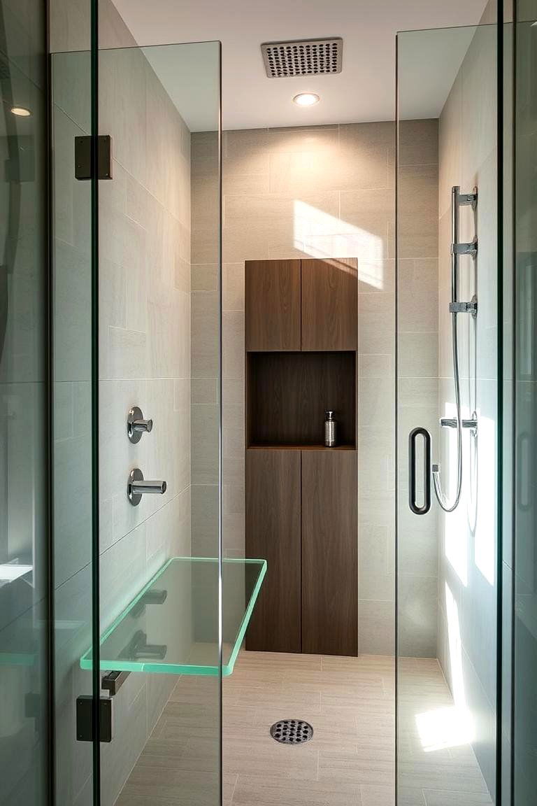 Sleek Glass Bench Integration - 24 Walk in Shower Ideas With Bench