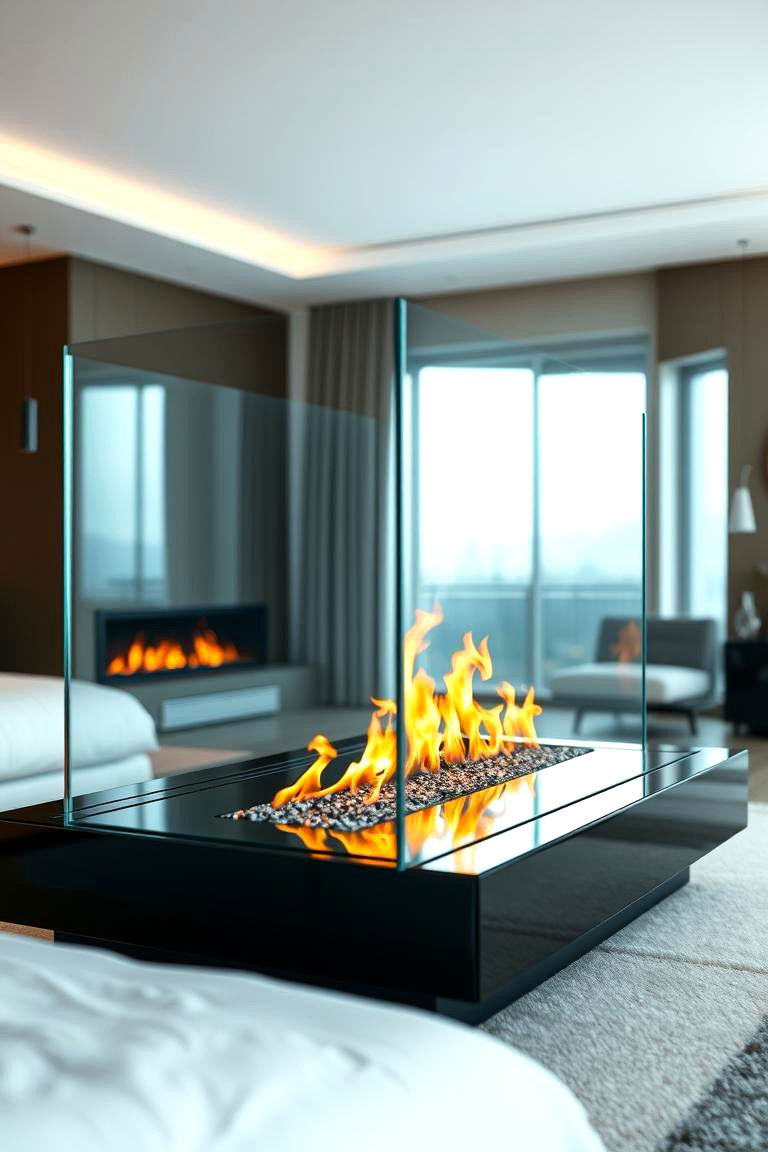 Sleek Glass Fireplace Feature - 24 Bedroom Fireplace Ideas