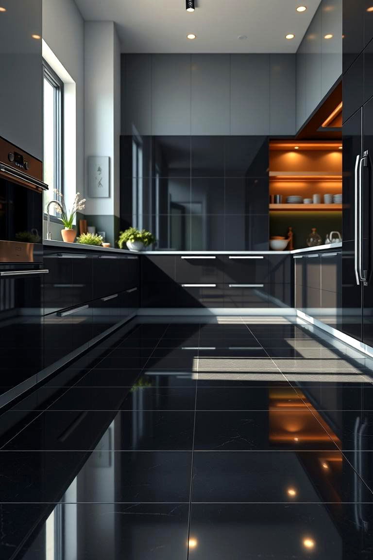 Sleek Glossy Black Tile Flooring - 24 Black Floor Kitchen Ideas