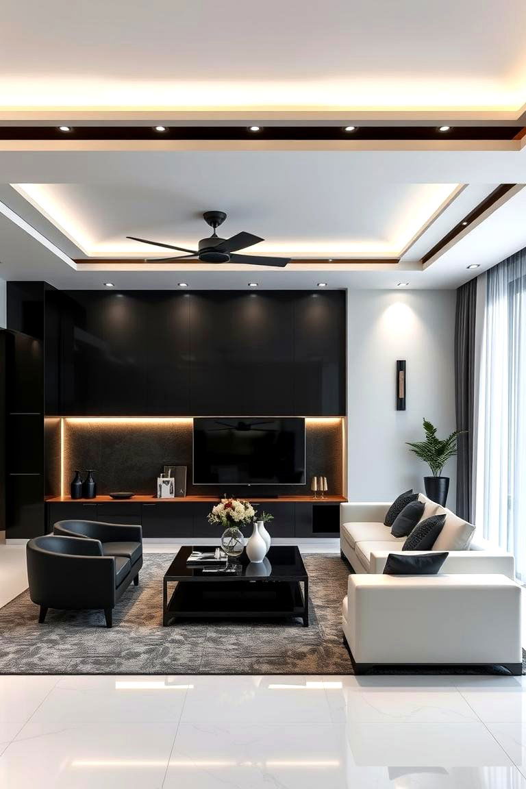 Sleek Layered Lighting - 24 Black and White Living Room Ideas
