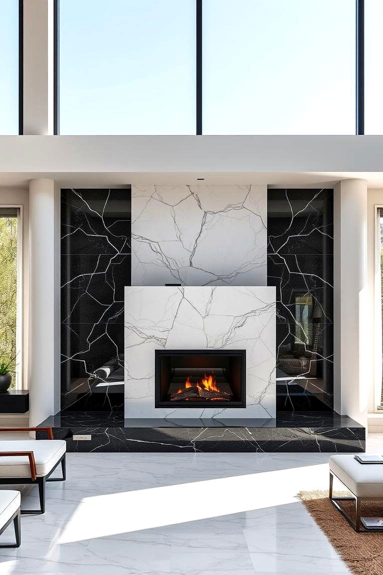 Sleek Marble Finish - 24 Floor to Ceiling Stone Fireplace Ideas
