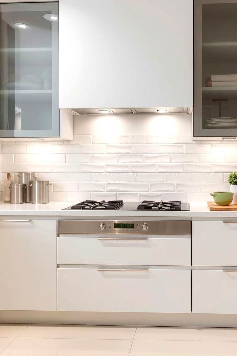 Sleek Metallic Accents - 24 White Kitchen Backsplash Ideas