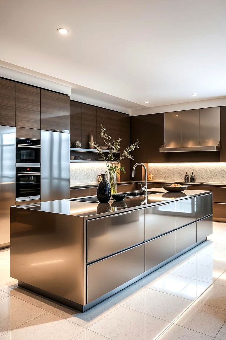 Sleek Metallic Finish - 24 Kitchen Island Color Ideas