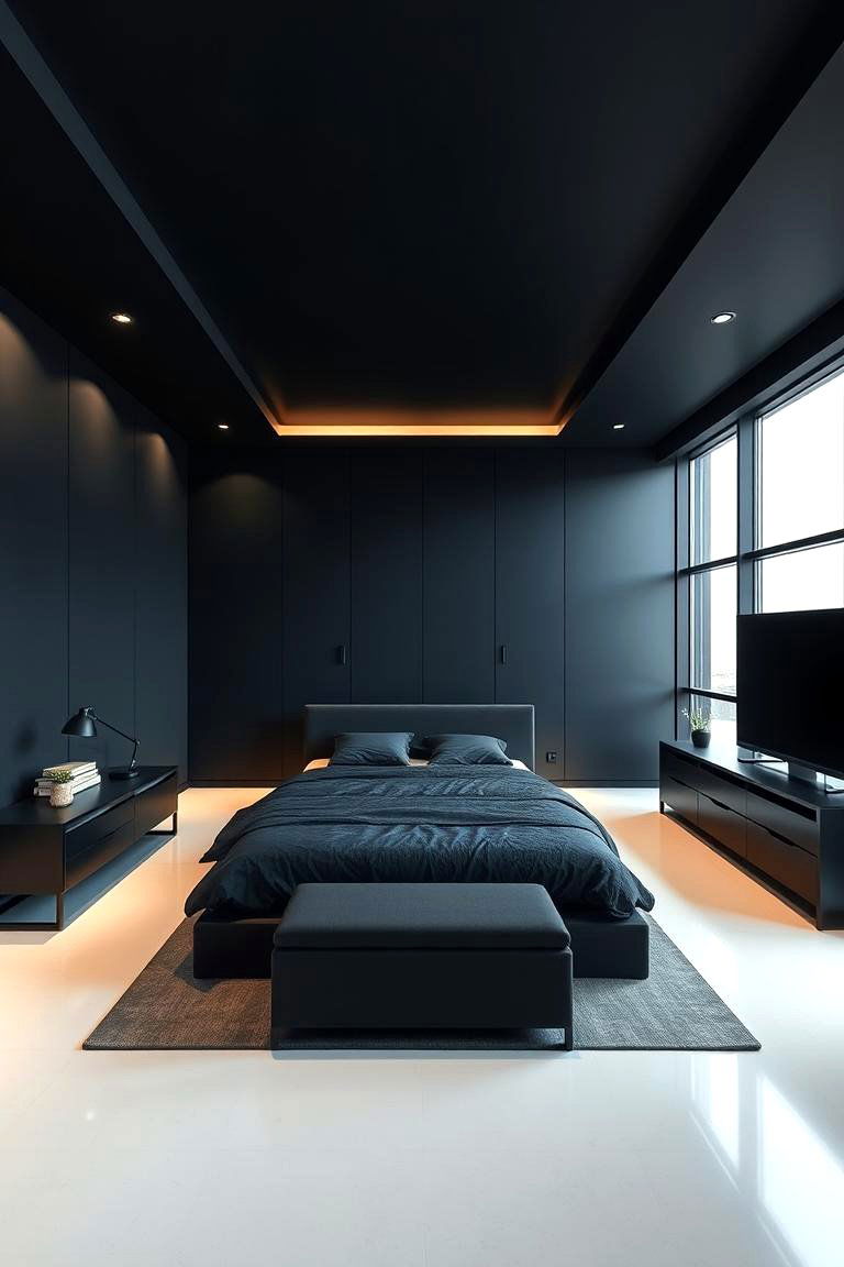 Sleek Minimalist Bedroom in Black and Deep Blue - 24 Black and Blue Bedroom Ideas