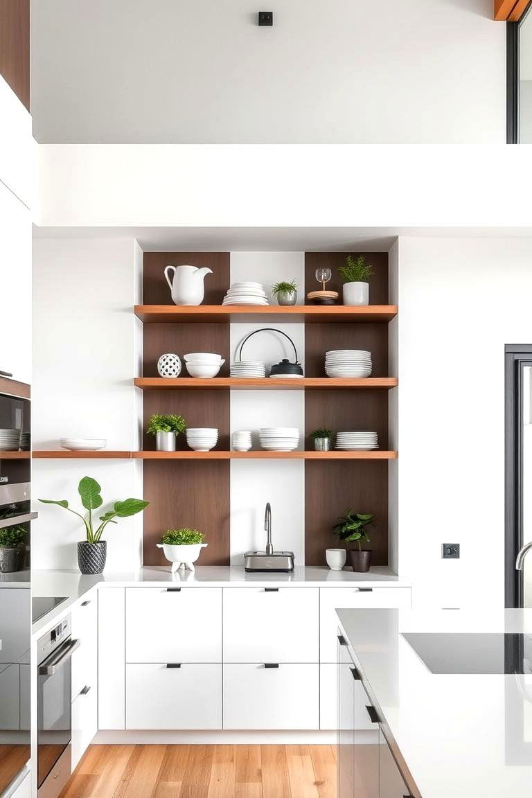 Sleek Modern Design with Floating Shelves - 24 Split Level Kitchen Design Ideas