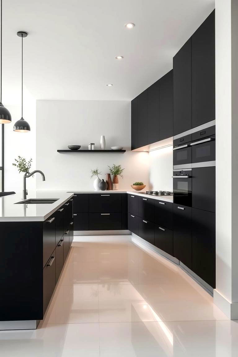 Sleek Modern Elegance - 24 Black Kitchen Cabinets With White Countertops