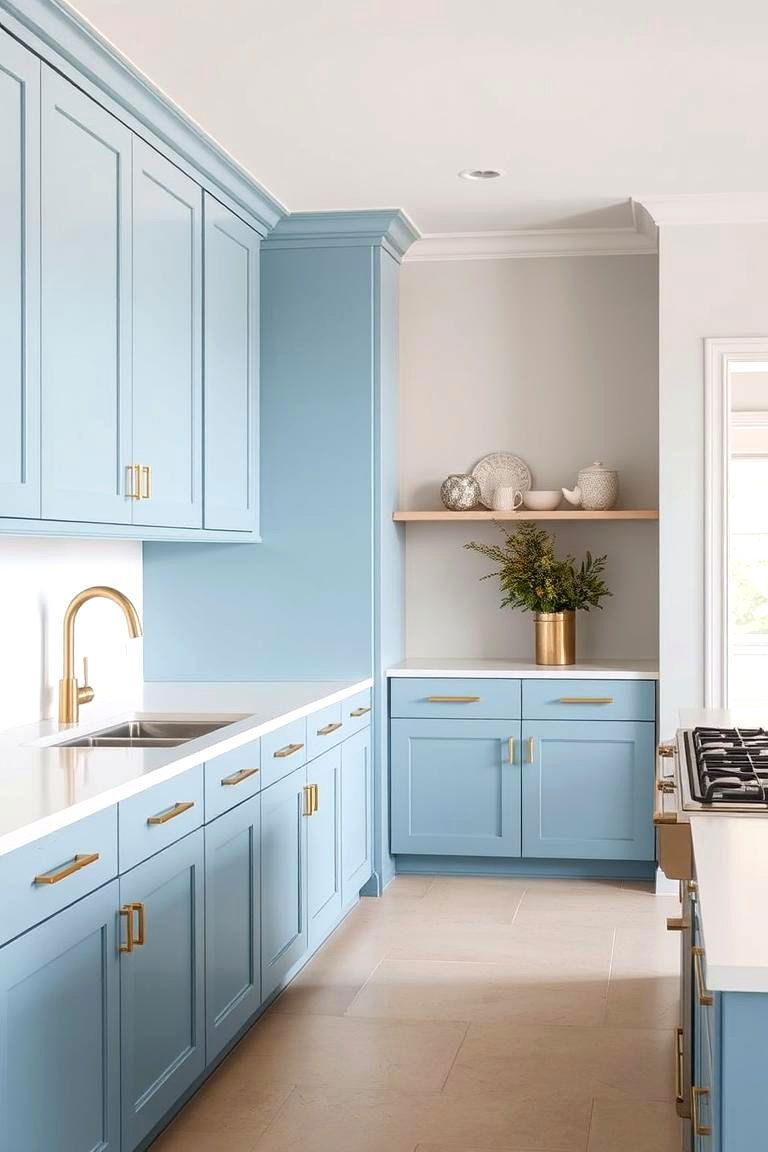 Sleek Modern Minimalism - 24 blue kitchen cabinets with gold hardware