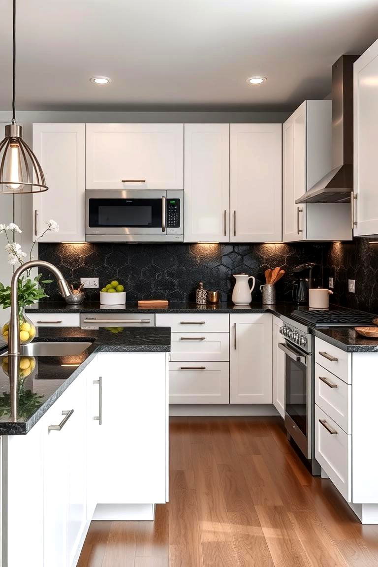 Sleek Modern Sophistication - 24 kitchen with dark countertops and light cabinets