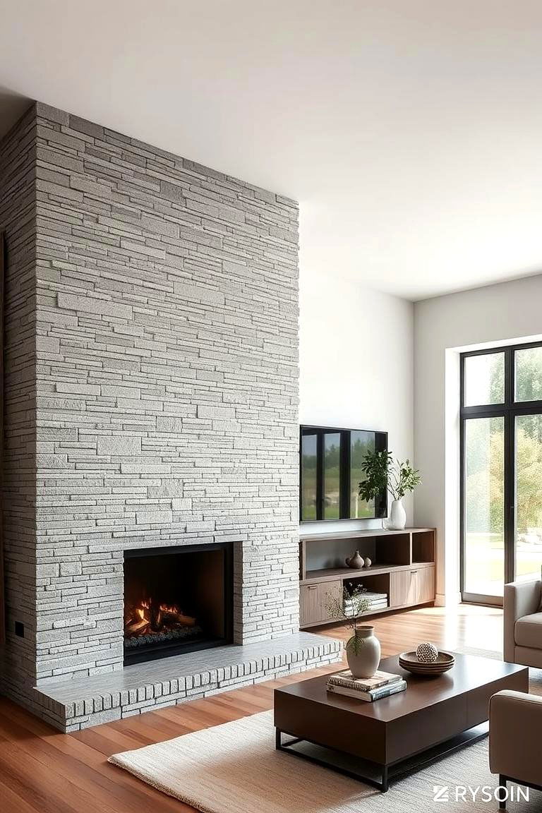 Sleek Modern Stone Fireplace - 24 Floor-to-Ceiling Stone Fireplace Ideas