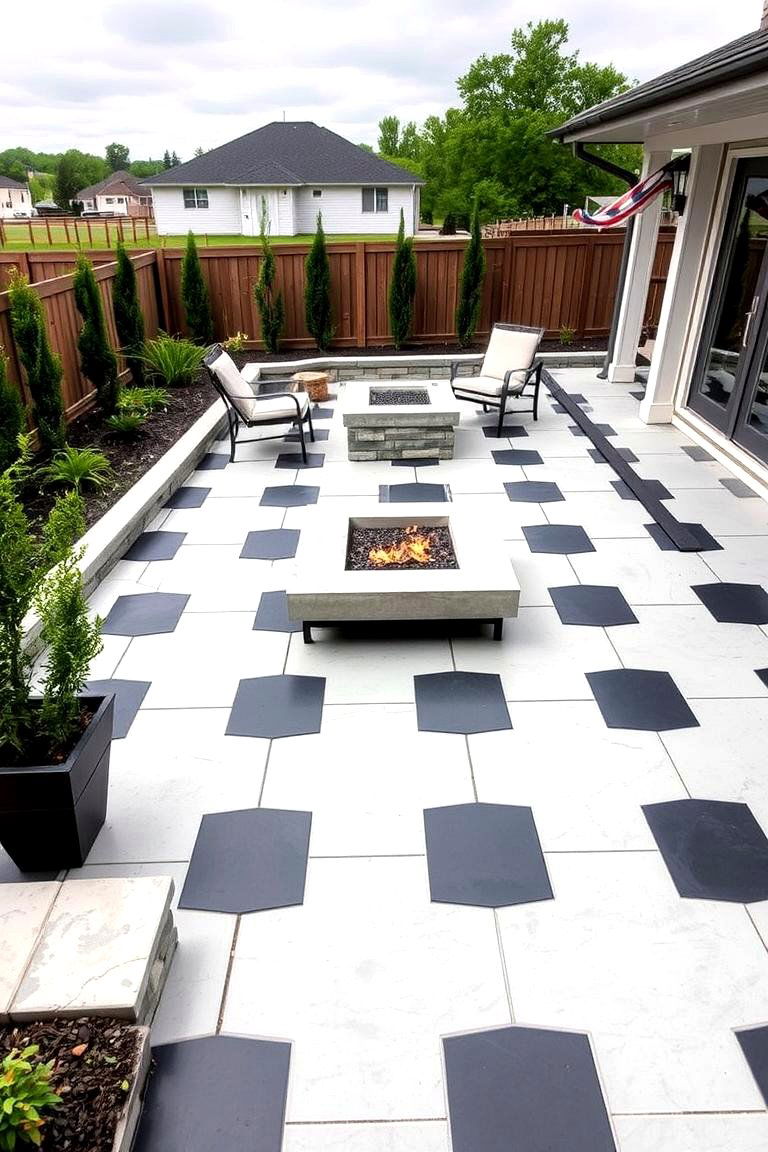 Sleek Monochrome Patterns for Urban Spaces - 24 stamped concrete patio with fire pit ideas
