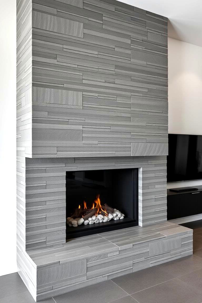 Sleek Monochrome Stone Elegance - 24 Stacked Stone Fireplace Ideas